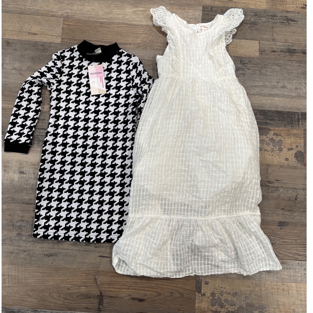 Girls Dress Bundle WDIRARA Houndstooth Sweater Dress Cat & Jack White Maxi 6/6X